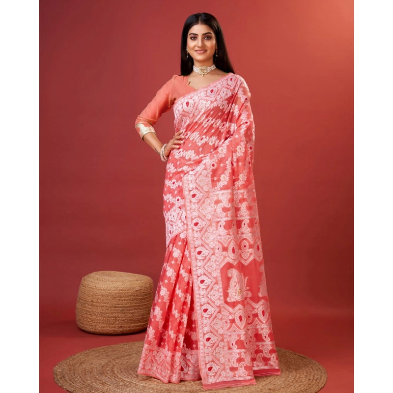 Mayawye Women's Cotton Silk Printed Saree With Unstitched Blouse 5.5Mtr (Peach)