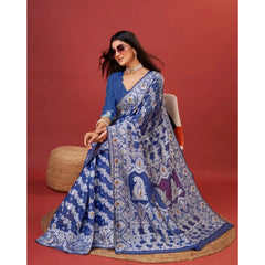 Mayawye Women's Cotton Silk Printed Saree With Unstitched Blouse 5.5Mtr (Blue)
