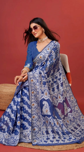 Mayawye Women's Cotton Silk Printed Saree With Unstitched Blouse 5.5Mtr (Blue)