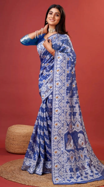 Mayawye Women's Cotton Silk Printed Saree With Unstitched Blouse 5.5Mtr (Blue)