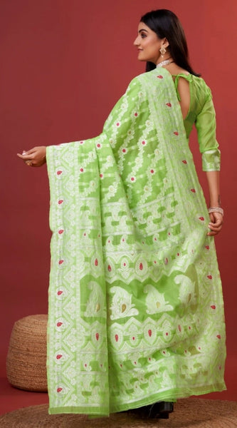 Mayawye Women's Cotton Silk Printed Saree With Unstitched Blouse 5.5Mtr (Light Green)