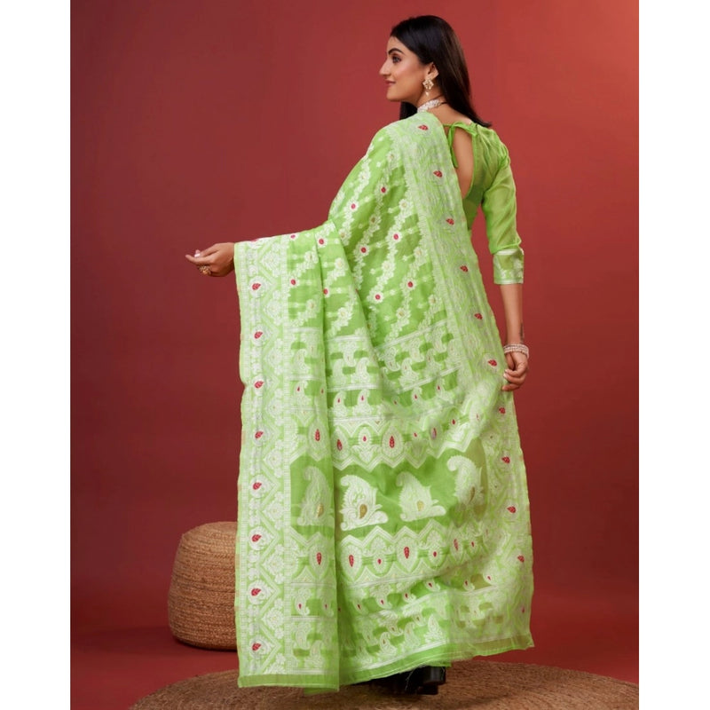 Mayawye Women's Cotton Silk Printed Saree With Unstitched Blouse 5.5Mtr (Light Green)