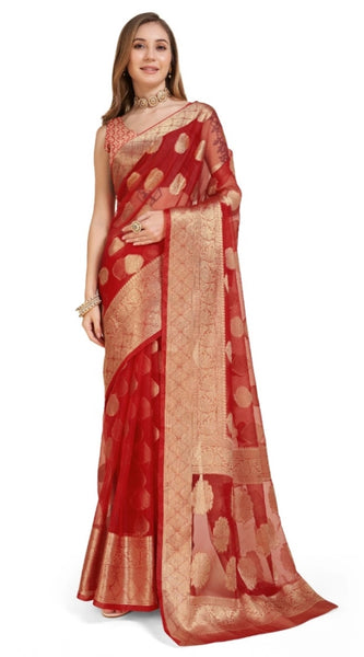 Mayawye Women's Soft Organza Silk Weaving Design Saree With Unstitched Blouse 5.5Mtr (Red)