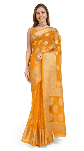 Mayawye Women's Soft Organza Silk Weaving Design Saree With Unstitched Blouse 5.5Mtr (Yellow)