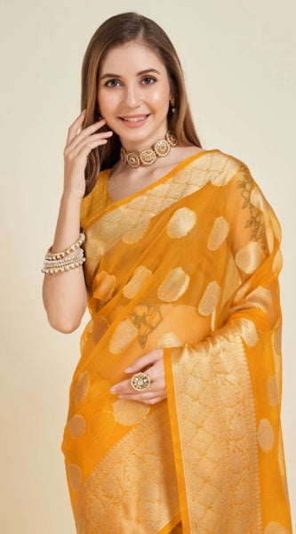 Mayawye Women's Soft Organza Silk Weaving Design Saree With Unstitched Blouse 5.5Mtr (Yellow)