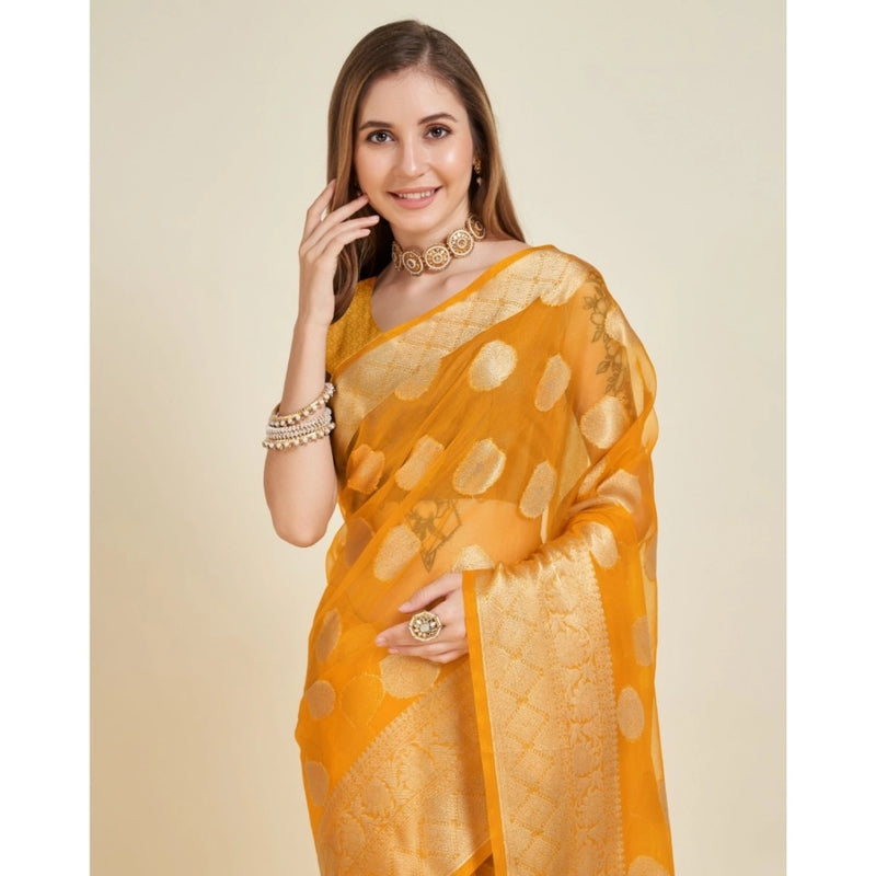 Mayawye Women's Soft Organza Silk Weaving Design Saree With Unstitched Blouse 5.5Mtr (Yellow)