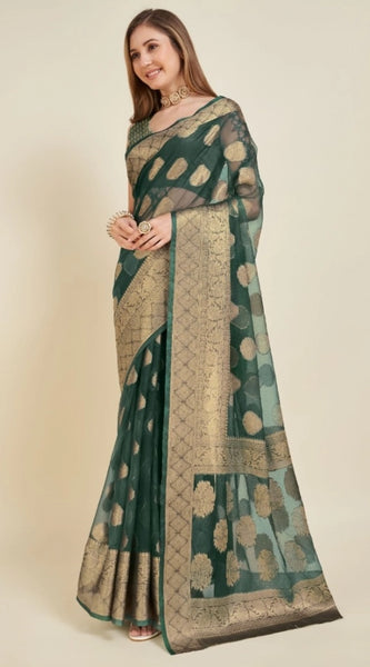 Mayawye Women's Soft Organza Silk Weaving Design Saree With Unstitched Blouse 5.5Mtr (Green)