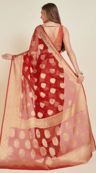 Mayawye Women's Soft Organza Silk Weaving Design Saree With Unstitched Blouse 5.5Mtr (Red)