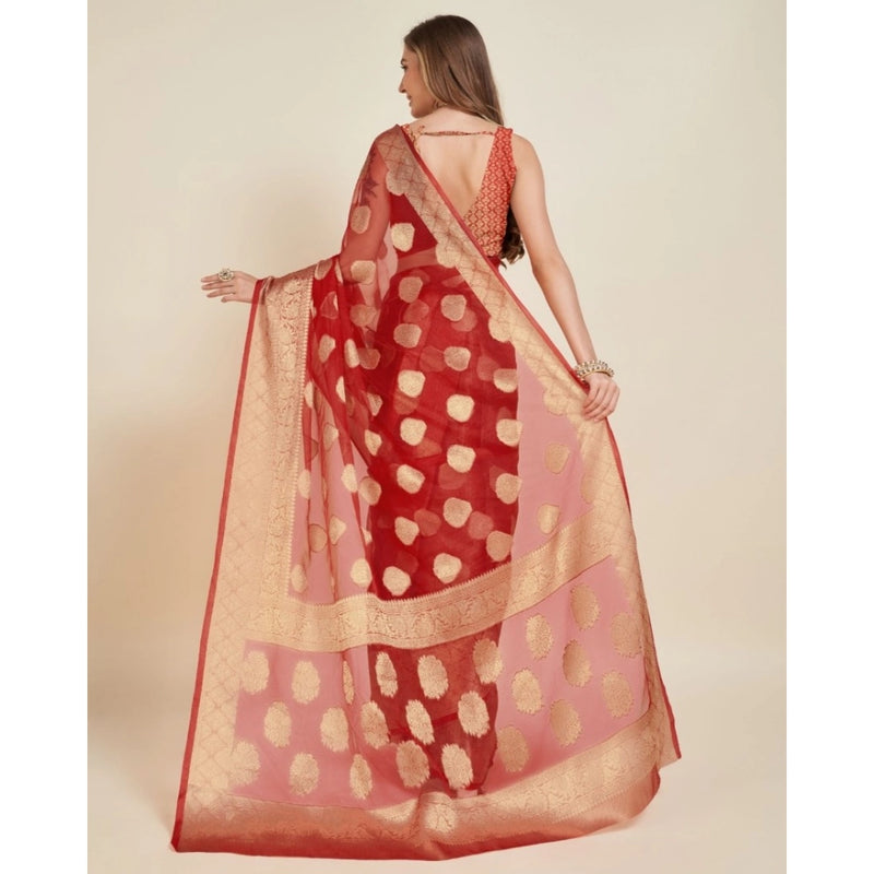 Mayawye Women's Soft Organza Silk Weaving Design Saree With Unstitched Blouse 5.5Mtr (Red)