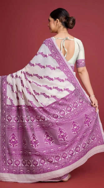 Mayawye Women's Jamdani Cotton Silk Printed Saree With Unstitched Blouse 5.5Mtr (Wine)