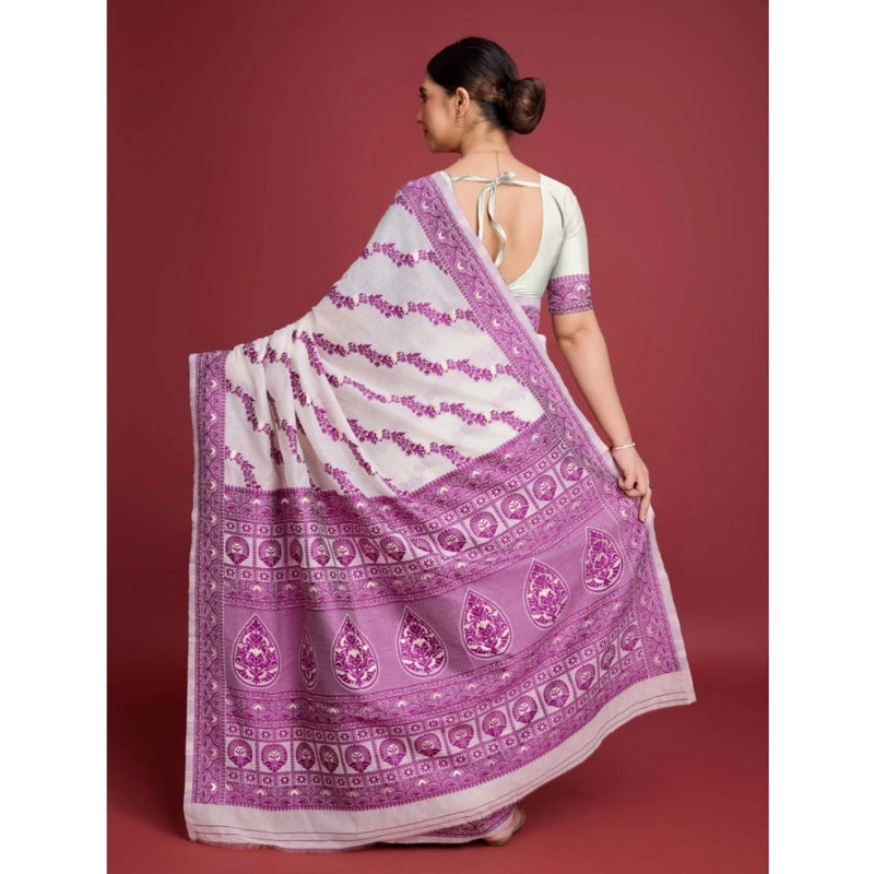 Mayawye Women's Jamdani Cotton Silk Printed Saree With Unstitched Blouse 5.5Mtr (Wine)