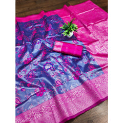 Mayawye Women's Banarasi Jacquard Printed Saree With Unstitched Blouse 5.5Mtr (Navy Blue)