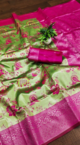 Mayawye Women's Banarasi Jacquard Printed Saree With Unstitched Blouse 5.5Mtr (Mehendi Green)