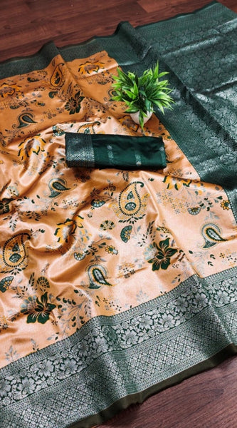 Mayawye Women's Banarasi Jacquard Printed Saree With Unstitched Blouse 5.5Mtr (Orange)
