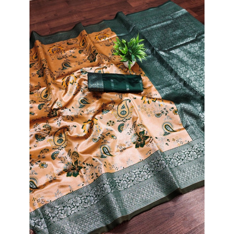 Mayawye Women's Banarasi Jacquard Printed Saree With Unstitched Blouse 5.5Mtr (Orange)
