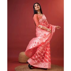 Mayawye Women's Cotton Silk Printed Saree With Unstitched Blouse 5.5Mtr (Peach)