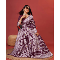 Mayawye Women's Cotton Silk Printed Saree With Unstitched Blouse 5.5Mtr (Purple)