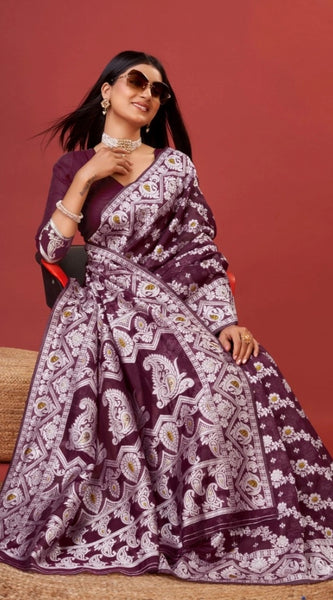 Mayawye Women's Cotton Silk Printed Saree With Unstitched Blouse 5.5Mtr (Purple)