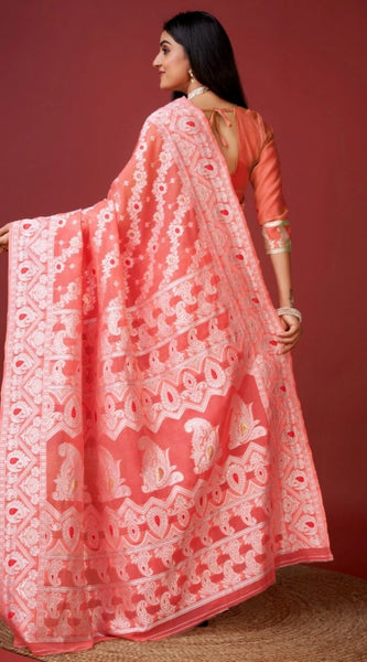 Mayawye Women's Cotton Silk Printed Saree With Unstitched Blouse 5.5Mtr (Peach)