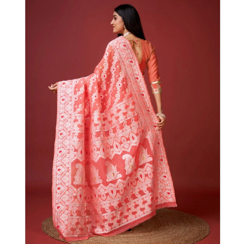 Mayawye Women's Cotton Silk Printed Saree With Unstitched Blouse 5.5Mtr (Peach)