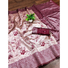 Mayawye Women's Banarasi Jacquard Printed Saree With Unstitched Blouse 5.5Mtr (Wine)