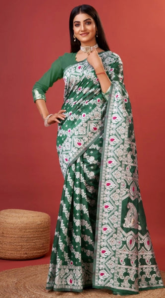 Mayawye Women's Cotton Silk Printed Saree With Unstitched Blouse 5.5Mtr (Green)