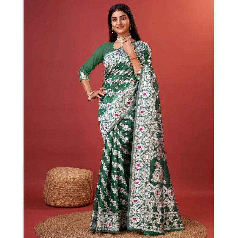Mayawye Women's Cotton Silk Printed Saree With Unstitched Blouse 5.5Mtr (Green)