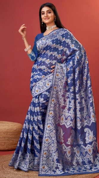 Mayawye Women's Cotton Silk Printed Saree With Unstitched Blouse 5.5Mtr (Blue)