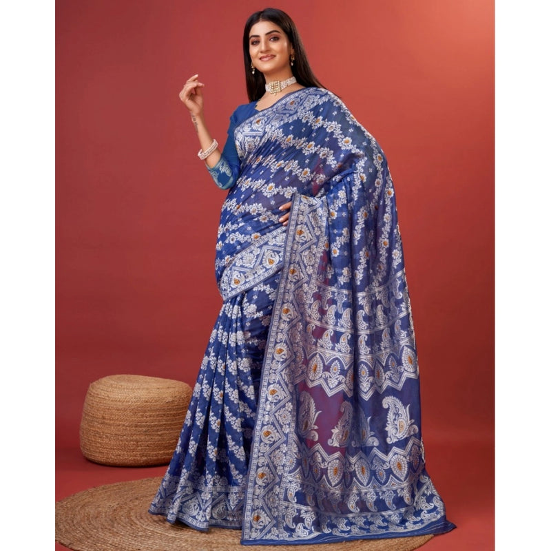 Mayawye Women's Cotton Silk Printed Saree With Unstitched Blouse 5.5Mtr (Blue)