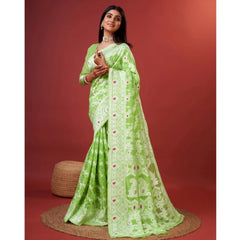 Mayawye Women's Cotton Silk Printed Saree With Unstitched Blouse 5.5Mtr (Light Green)