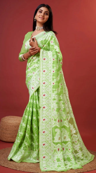 Mayawye Women's Cotton Silk Printed Saree With Unstitched Blouse 5.5Mtr (Light Green)