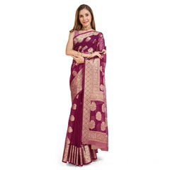 Mayawye Women's Soft Organza Silk Weaving Design Saree With Unstitched Blouse 5.5Mtr (Wine)