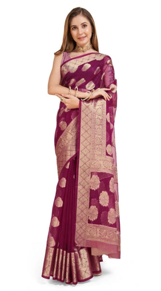 Mayawye Women's Soft Organza Silk Weaving Design Saree With Unstitched Blouse 5.5Mtr (Wine)