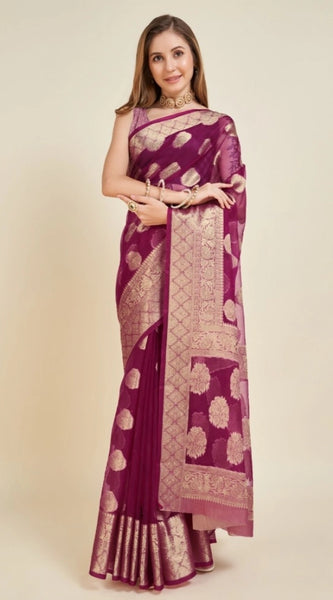 Mayawye Women's Soft Organza Silk Weaving Design Saree With Unstitched Blouse 5.5Mtr (Wine)