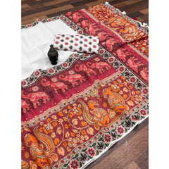 Mayawye Women's linen Digital Print Saree With Unstitched Blouse 5.5Mtr (White)