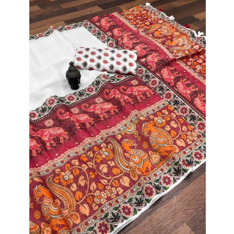 Mayawye Women's linen Digital Print Saree With Unstitched Blouse 5.5Mtr (White)