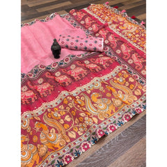 Mayawye Women's linen Digital Print Saree With Unstitched Blouse 5.5Mtr (Pink)