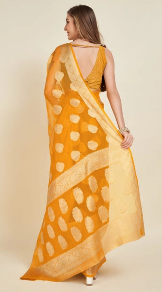 Mayawye Women's Soft Organza Silk Weaving Design Saree With Unstitched Blouse 5.5Mtr (Yellow)