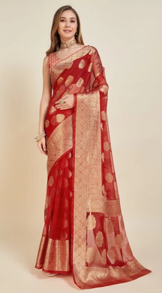 Mayawye Women's Soft Organza Silk Weaving Design Saree With Unstitched Blouse 5.5Mtr (Red)