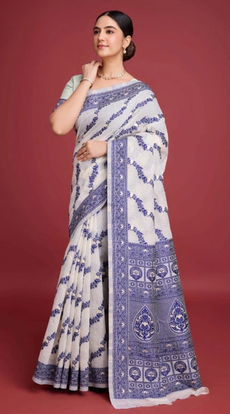Mayawye Women's Jamdani Cotton Silk Printed Saree With Unstitched Blouse 5.5Mtr (Navy Blue)