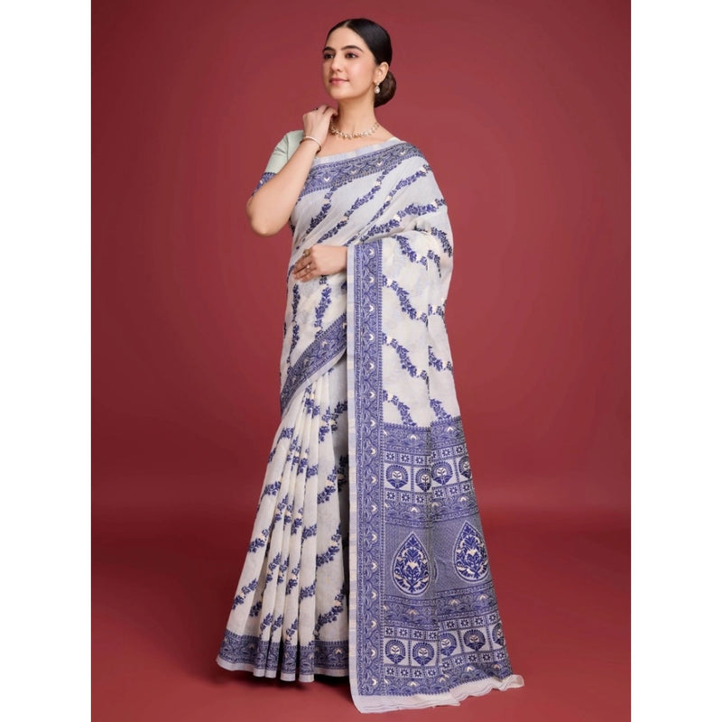 Mayawye Women's Jamdani Cotton Silk Printed Saree With Unstitched Blouse 5.5Mtr (Navy Blue)