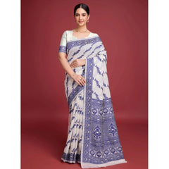 Mayawye Women's Jamdani Cotton Silk Printed Saree With Unstitched Blouse 5.5Mtr (Navy Blue)