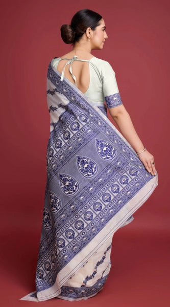 Mayawye Women's Jamdani Cotton Silk Printed Saree With Unstitched Blouse 5.5Mtr (Navy Blue)