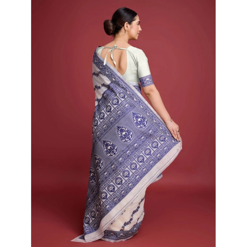 Mayawye Women's Jamdani Cotton Silk Printed Saree With Unstitched Blouse 5.5Mtr (Navy Blue)