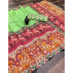 Mayawye Women's linen Digital Print Saree With Unstitched Blouse 5.5Mtr (Light Green)