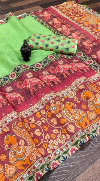 Mayawye Women's linen Digital Print Saree With Unstitched Blouse 5.5Mtr (Light Green)