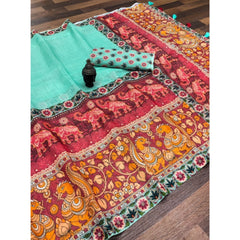 Mayawye Women's linen Digital Print Saree With Unstitched Blouse 5.5Mtr (Turquoise)