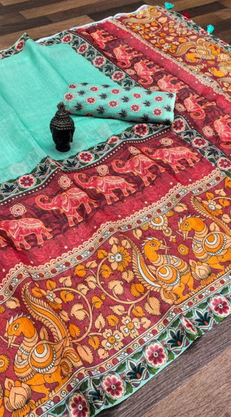 Mayawye Women's linen Digital Print Saree With Unstitched Blouse 5.5Mtr (Turquoise)