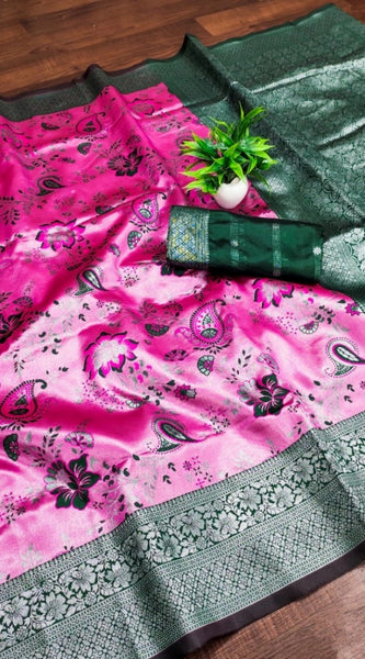 Mayawye Women's Banarasi Jacquard Printed Saree With Unstitched Blouse 5.5Mtr (DPink)