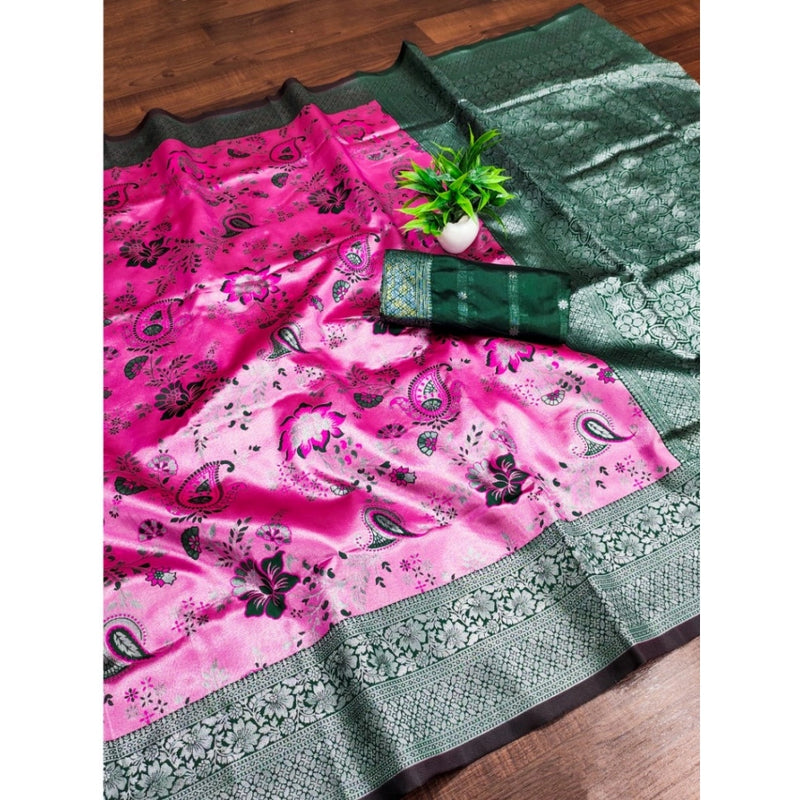 Mayawye Women's Banarasi Jacquard Printed Saree With Unstitched Blouse 5.5Mtr (DPink)